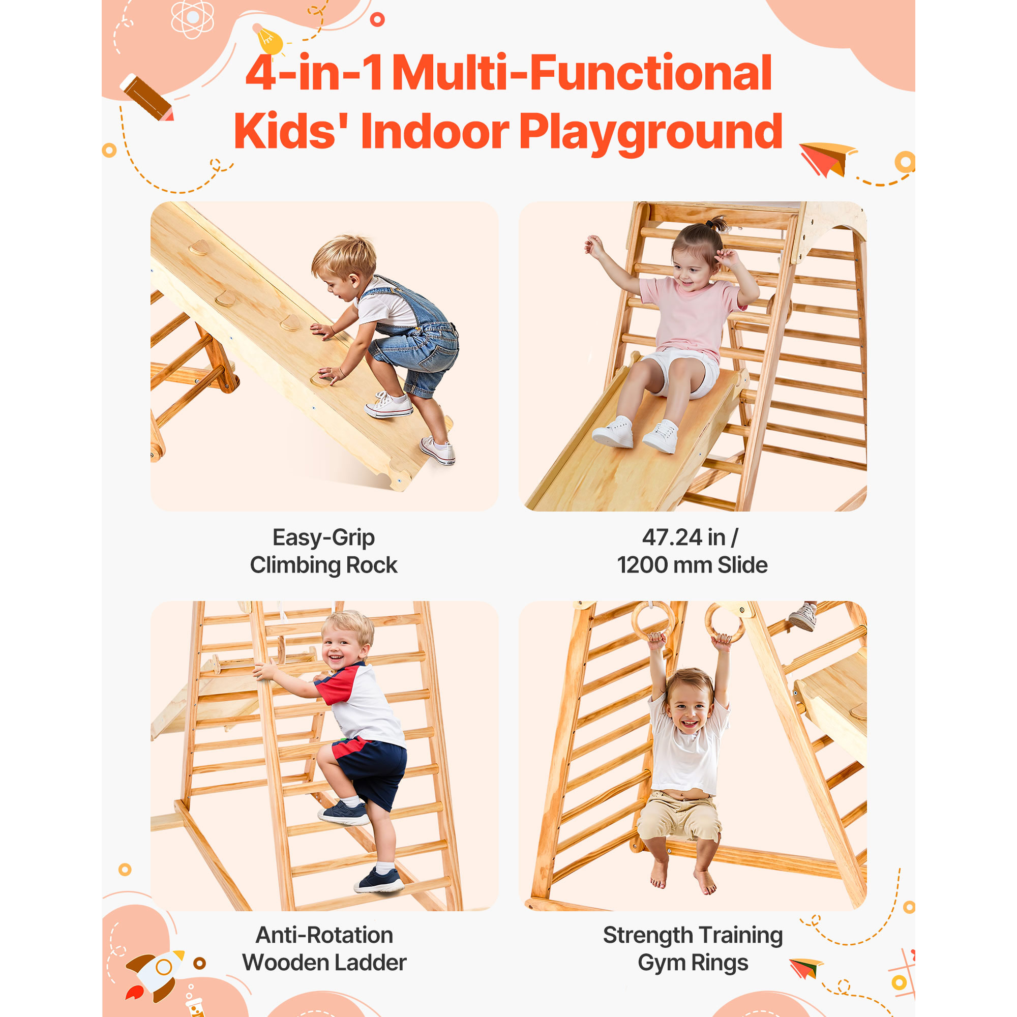 Indoor Playground Jungle Gym 4-in-1 Climber Playset For Kids_voghion.com